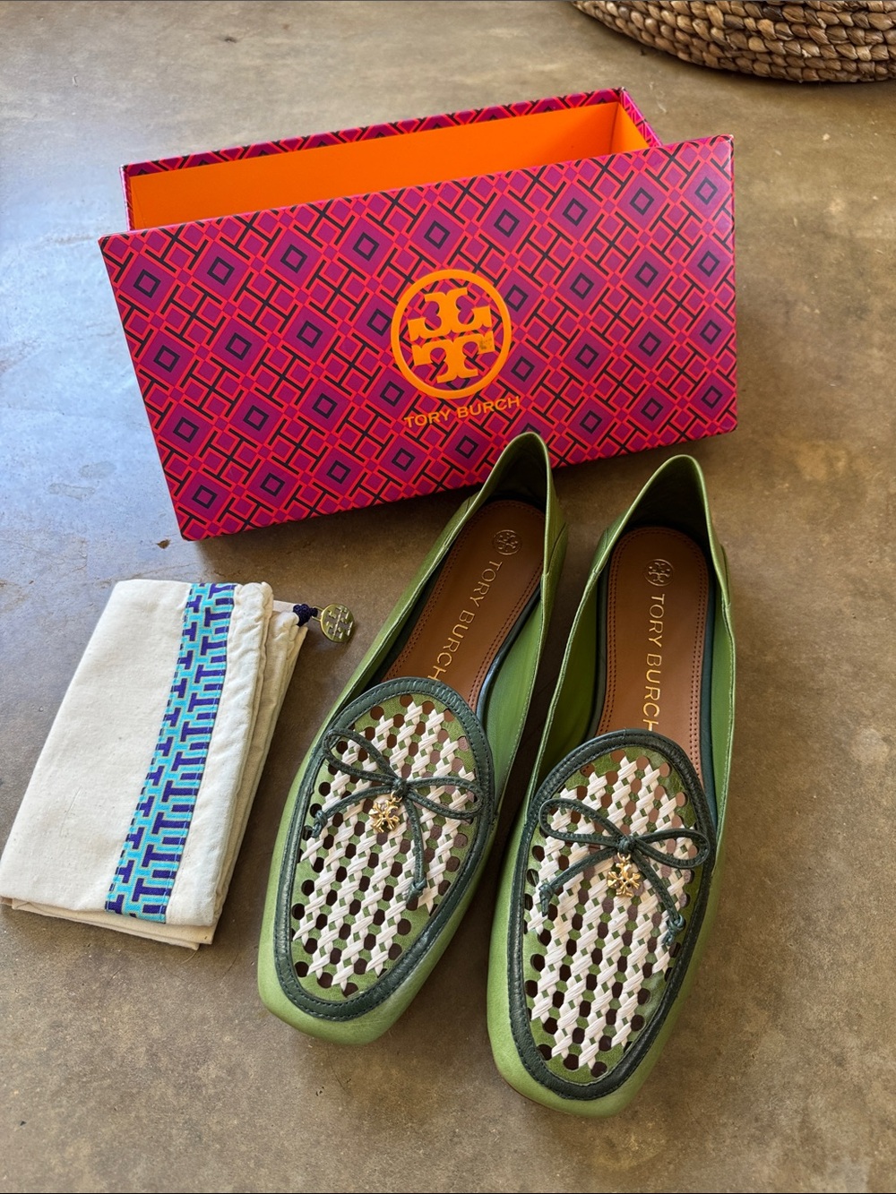 Tory Burch Green Woven Bow Loafers